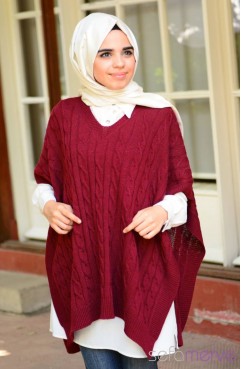 Sefamerve, Tesettür Triko Kolluklu Panço 7011-05 Bordo