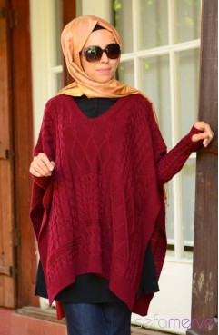 Sefamerve, Tesettür Triko Kolluklu Panço 7014-01 Bordo