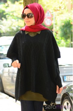 Sefamerve, Tesettür Triko Kolluklu Panço 7014-05 Siyah