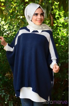 Sefamerve, Tesettür Triko Panço 7018-03 Lacivert-Gümüş