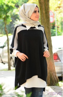 Sefamerve, Tesettür Triko Panço 7018-04 Siyah-Gümüş