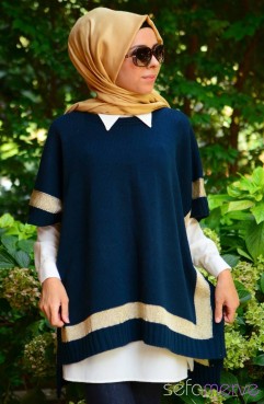 Sefamerve, Tesettür Triko Panço 7022-01 Lacivert-Dore