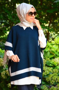 Sefamerve, Tesettür Triko Panço 7022-02 Lacivert-Gümüş