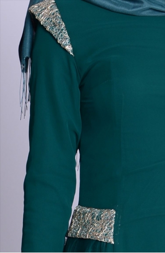 Pul İşlemeli Şifon Abiye Elbise 2424-01 Zümrüt Yeşil