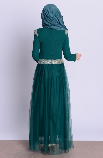 Pul İşlemeli Şifon Abiye Elbise 2424-01 Zümrüt Yeşil
