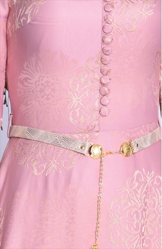 Düğme Detaylı Motifli Elbise 5104-03 Pudra