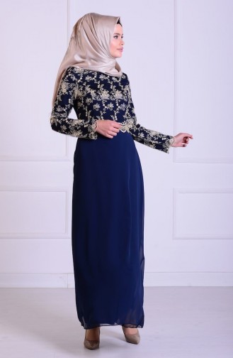 Navy Blue Hijab Evening Dress 52488-02
