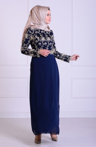 Navy Blue İslamitische Avondjurk 52488-02