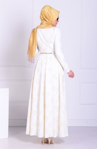 Simli Jakarlı Abiye Elbise 7003-02 Gold Beyaz