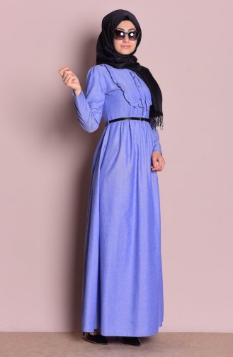 Yaka Detaylı Fırfırlı Elbise 4143-19 İndigo Mavi