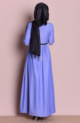 Yaka Detaylı Fırfırlı Elbise 4143-19 İndigo Mavi