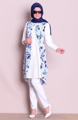 Çiçek Desenli Tunik 9070-01 Mavi