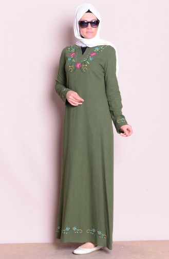 Nakışlı Şile Bezi Elbise 2485-12 Haki Yeşil