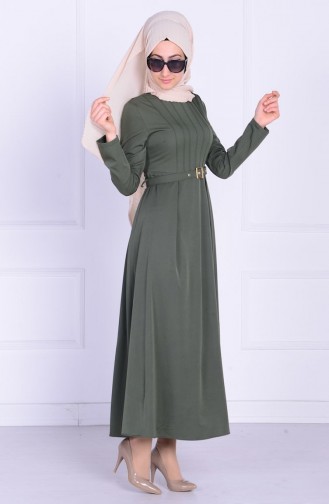 Kaplama Kemerli Elbise 1825-01 Haki Yeşil