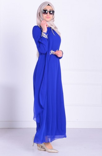 فستان شيفون بتفاصيل من الدانتيل لون أزرق 52221A-09