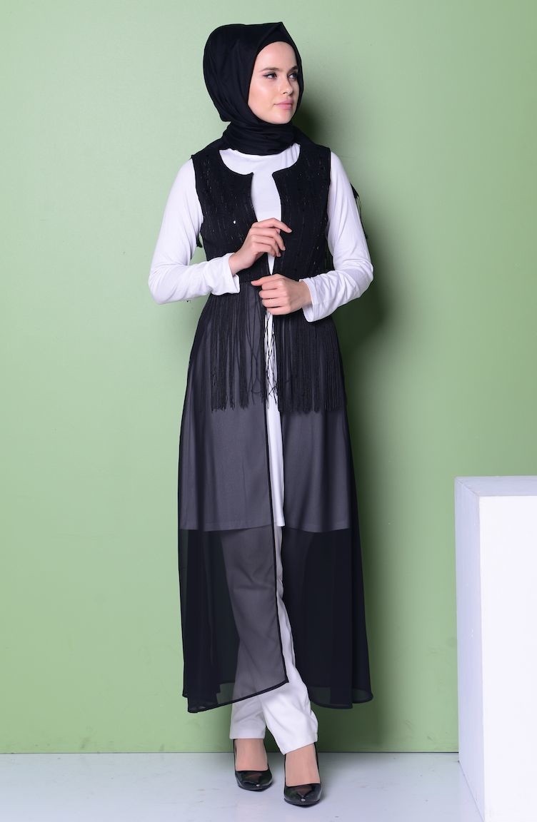 Şifon İşlemeli Yelek 0377A-02 Siyah