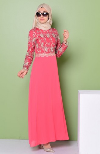 Coral Hijab Evening Dress 52488-09