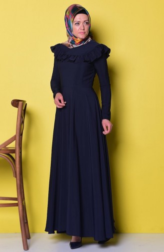 Yakası Volanlı Elbise 2496-04 Lacivert
