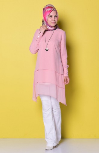 Asimetrik Şifon Tunik 7039-01 Pudra