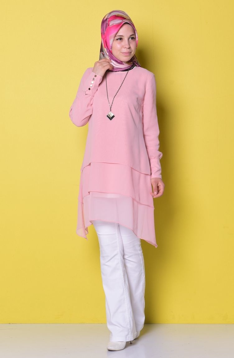 Asimetrik Şifon Tunik 7039-01 Pudra