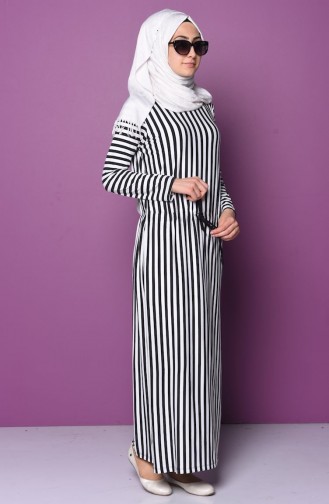 Çizgili Basic Elbise 3514B-01 Siyah Beyaz