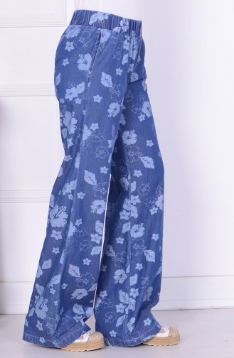 Çiçek Desenli Kot Pantolon 1074-01 Mavi