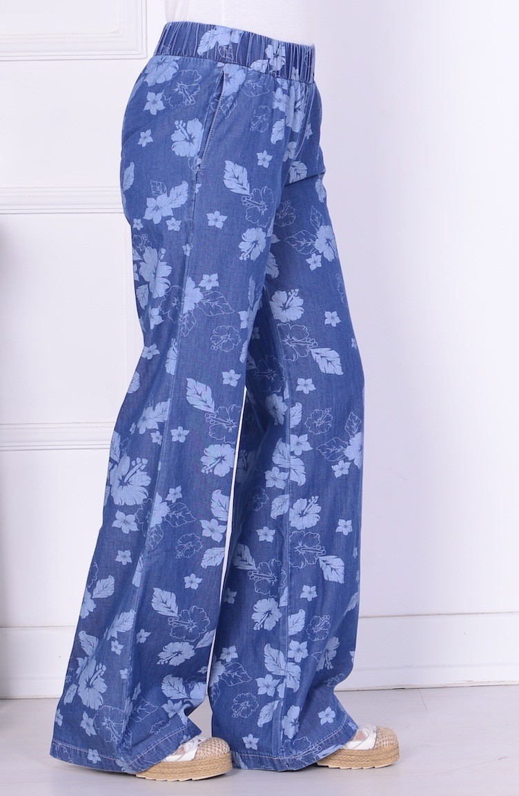 Çiçek Desenli Kot Pantolon 1074-01 Mavi