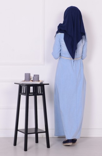 Dantel Detaylı Kot Elbise 1003D-01 Buz Mavi