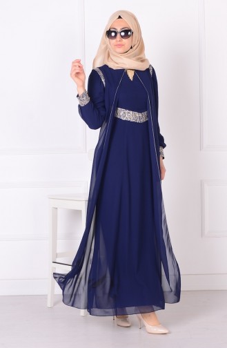 Navy Blue Hijab Evening Dress 4079-02
