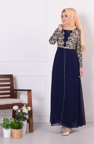 Navy Blue Hijab Evening Dress 4085-02