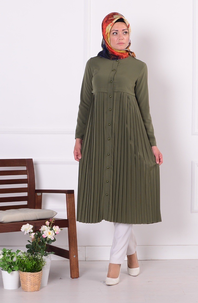 Pileli Uzun Tunik 2071-05 Haki Yeşil