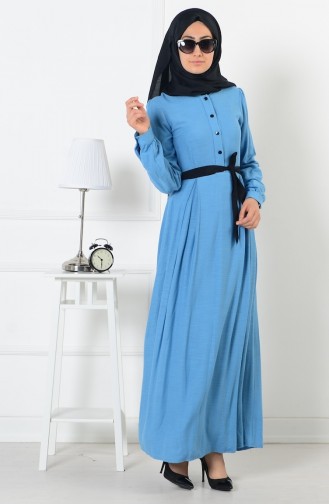 Kuşaklı Düğmeli Elbise 165036-03 Mavi