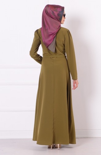 Nakışlı Kemerli Elbise 4047-01 Yağ Yeşil