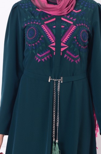 Nakışlı Kemerli Elbise 4047-06 Zümrüt Yeşil