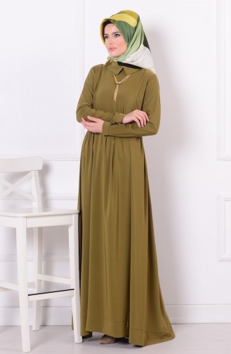 Büzgülü Kolyeli Elbise 7003-06 Yağ Yeşil