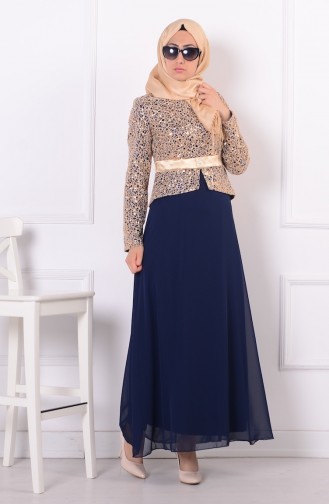 Navy Blue Hijab Evening Dress 55865-05