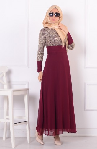 Claret Red Hijab Evening Dress 2369-06