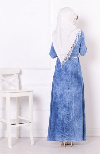 Nakışlı Kot Elbise 1056-02 Mavi