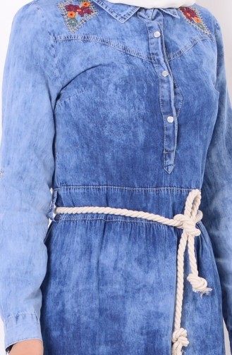 Nakışlı Kot Elbise 1056-02 Mavi