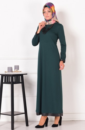 Deri Detaylı Kolyeli Elbise 2017-02 Zümrüt Yeşil