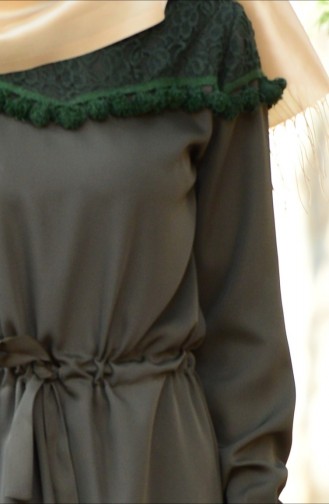 Belden Büzgülü Dantelli Elbise 4061-01 Haki Yeşil