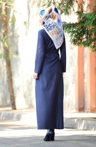 Belden Büzgülü Düğmeli Elbise 7073-02 Lacivert