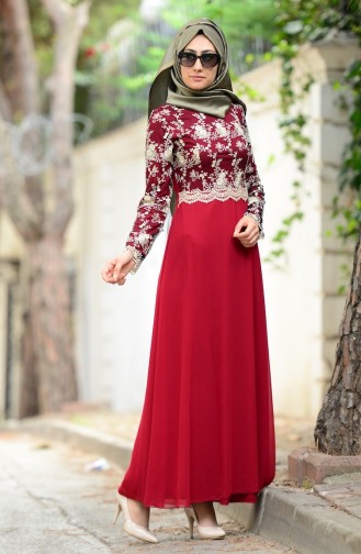 Claret Red Hijab Evening Dress 52488-11