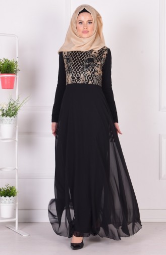 Robe de Soirée Mousseline Bordée de Paillette 1134-02 Noir 1134-02