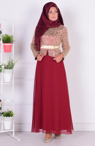 Claret Red Hijab Evening Dress 55865-07