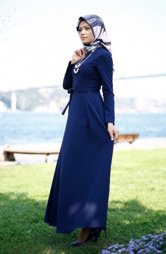 Crepe Belted Dress 1071-02 Navy Blue 1071-02