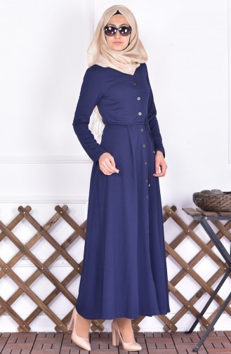 Yakalı Düğmeli Elbise 4049-03 Lacivert