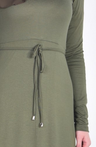 İpli Kemerli Penye Elbise 0751-01 Haki Yeşil