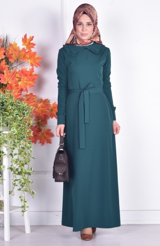 Yakası Kolu Fırfırlı Elbise 2567-03 Zümrüt Yeşil