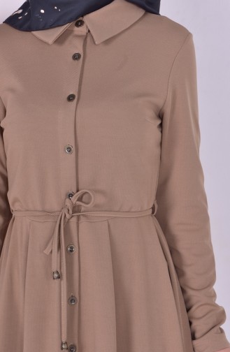 Yakalı Düğmeli Elbise 4049-01 Koyu Bej